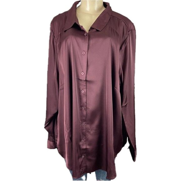 Torrid +4 Brown Satin Button Down Collar Curve Hem Long Sleeve Madison Shirt - Picture 2 of 6